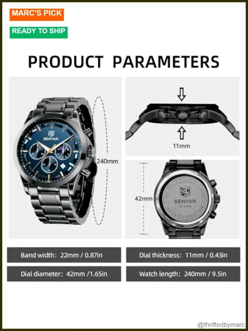 Men's Analog Quartz Chronograph Waterproof Watch with Calendar Stainless Steel